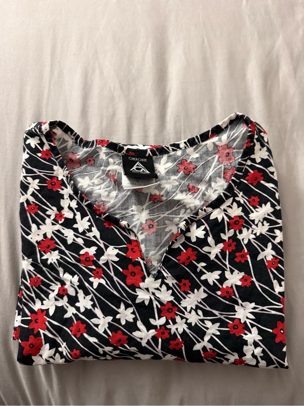 Cherokee Studio Black V-Neck Floral Tunic with Red & White Blooms